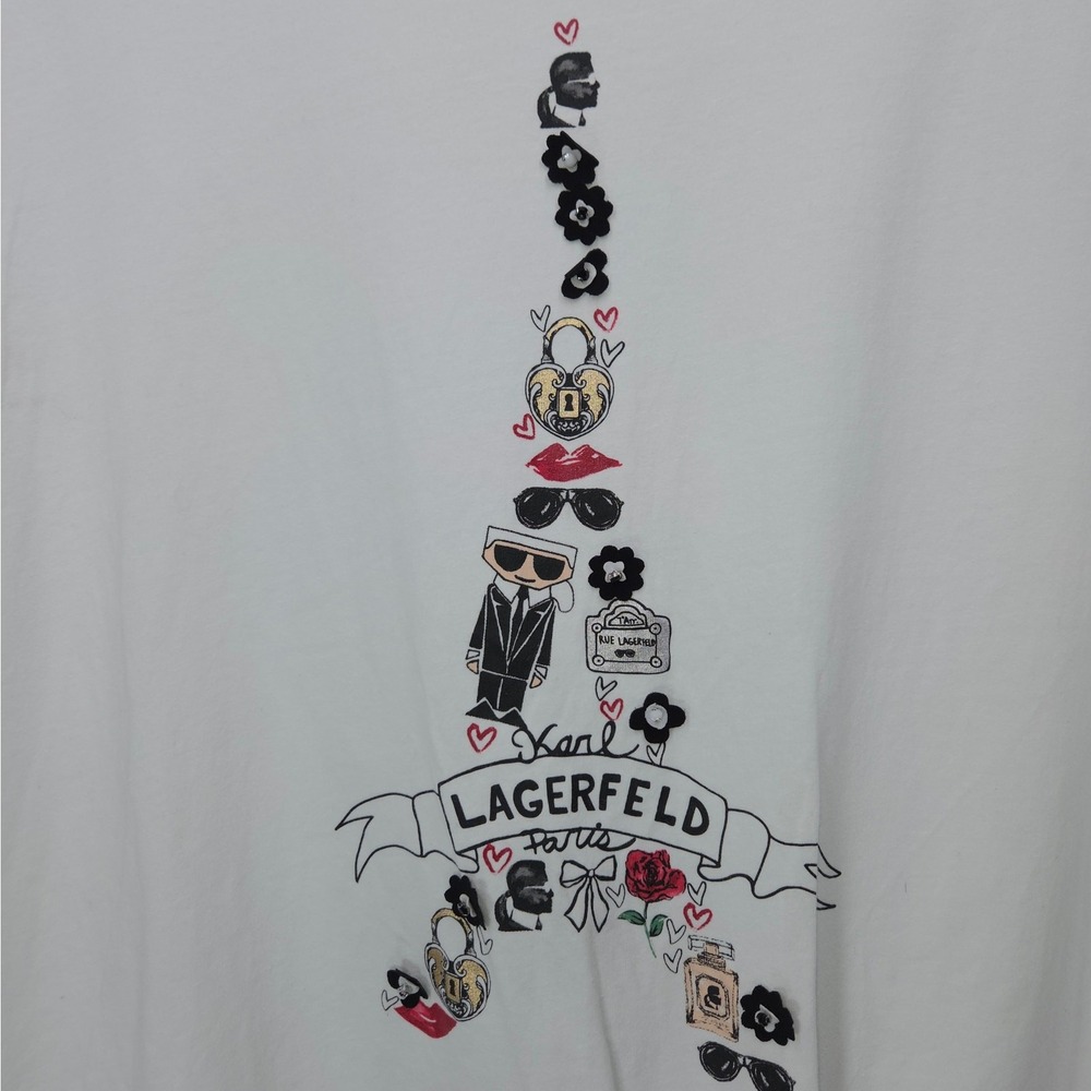 Karl Lagerfeld Paris Womens White Graphic Eiffel Tower Tie Front T-Shirt Large